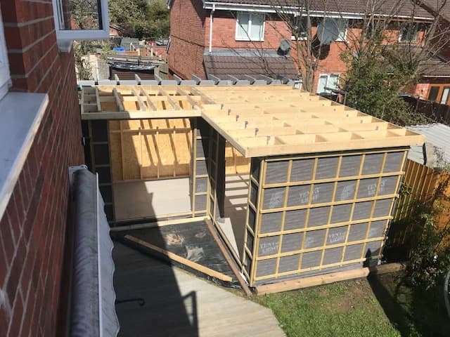The timber structure of Ian’s garden room during construction